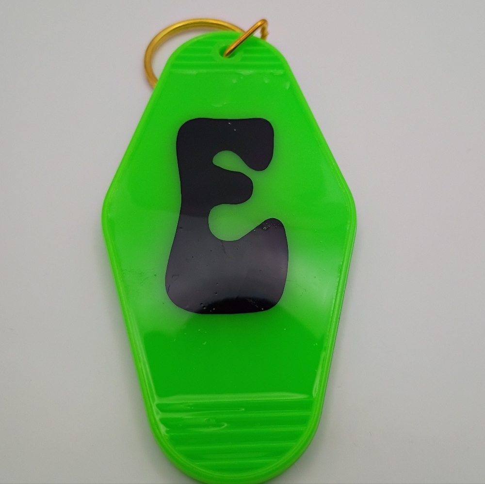 Handmade Neon Green Hotel Keychain Letter E Initial Black Vinyl UV Resin Sealed